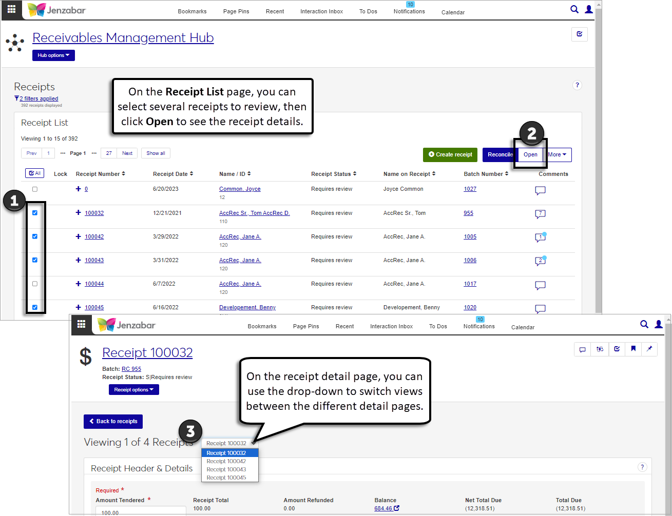 Receipt detail page with the drop-down option to select different receipts to view.
