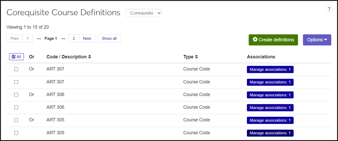 Corequisite Course Definitions page showing 2 definitions for each of 3 courses: Art 305, 306, and 307