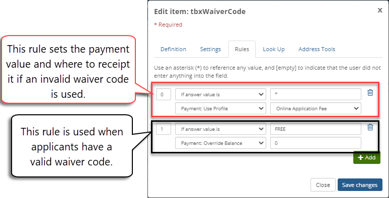 Rules tab with payment options for waivers.