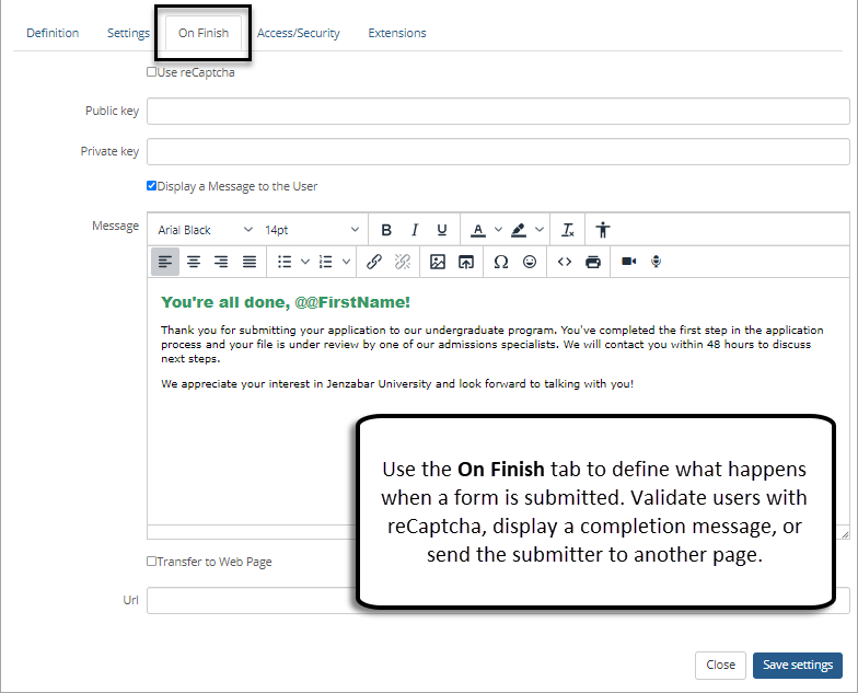 Form On Finish tab with fields to validate form users and display a completion message.