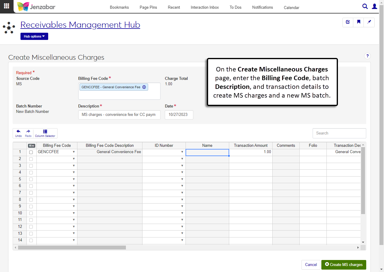Create Miscellaneous Charges page.