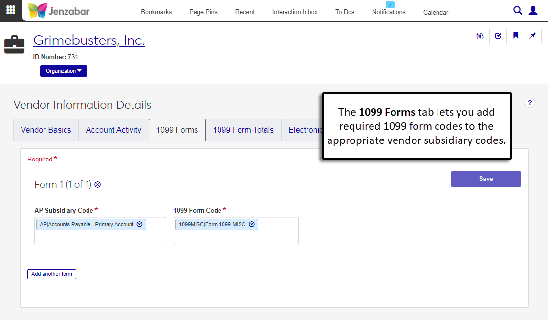 Vendor Information Details page, 1099 Forms tab.