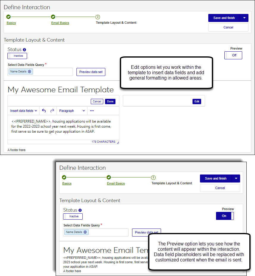 Define Interaction wizard, email Template Layout and Content details for HTML emails.