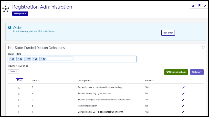 Not-State-Funded Reason Definitions page showing several definitions