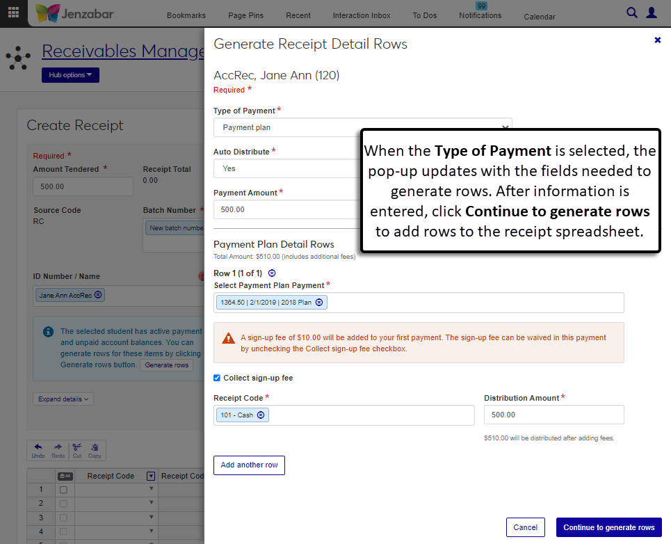 Generate Receipt Detail Rows pop-up with the payment plan type selected.