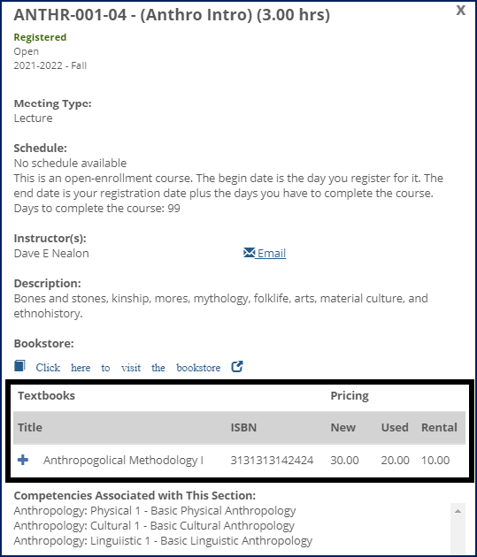 Details pop-up for a course section showing a link to the bookstore web site and the textbooks used in the course