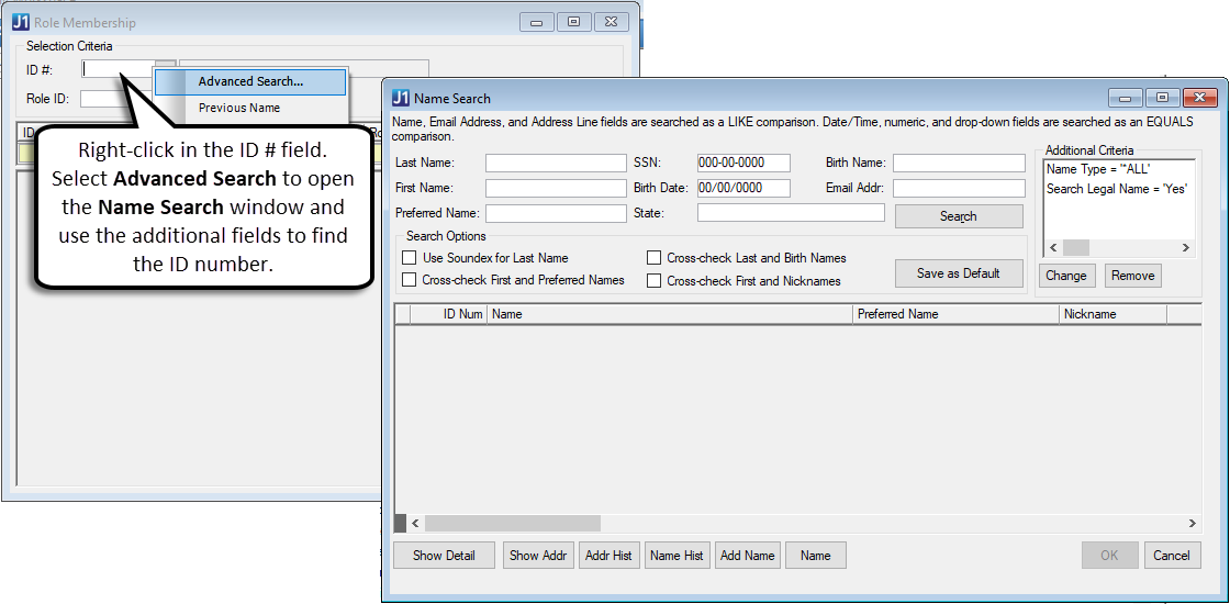 Advanced search options from the Desktop Role Membership window.
