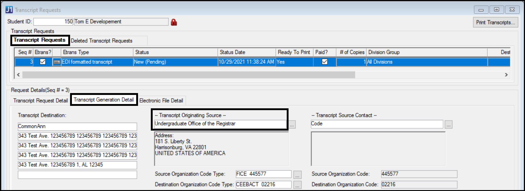 Desktop Transcript Request window showing the Transcript Organization in the Transcript Originating Source drop-down