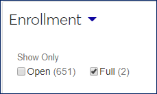 Course List, Enrollment view, showing the quick filters: Open and Full