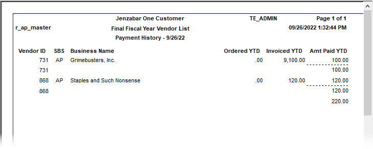 Vendor Payment History report PDF.