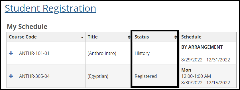 My Schedule page showing the Status column
