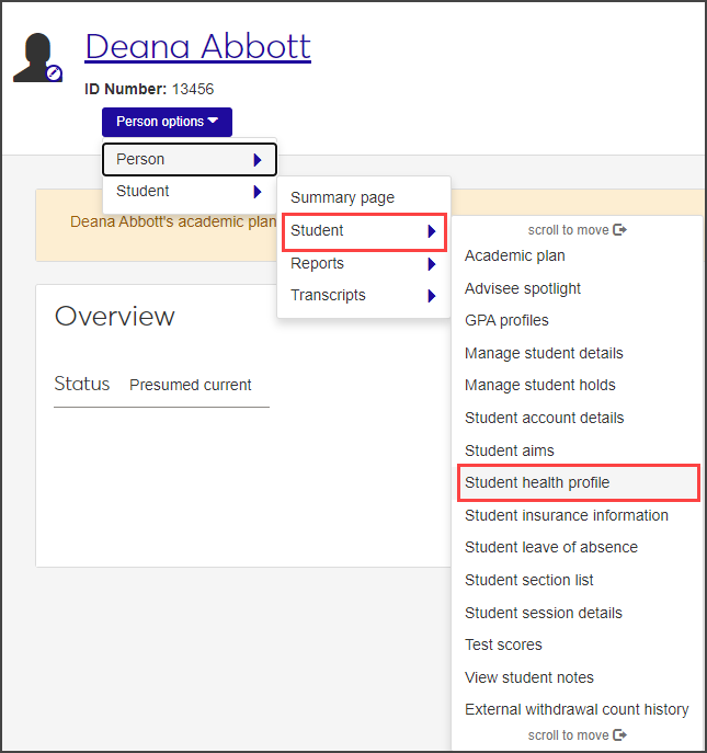 Person options menu - Student Health Profile highlighted
