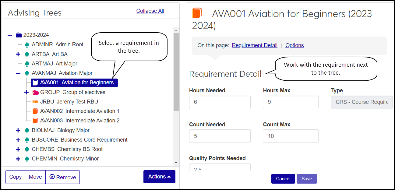 The Advising Trees page. The 2023-2024 Advising Tree is expanded, and a requirement is selected. In the Requirements panel, that requirement is available for editing.