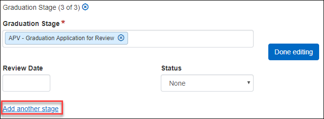 Student Information Details page showing the "Add another graduation stage" link