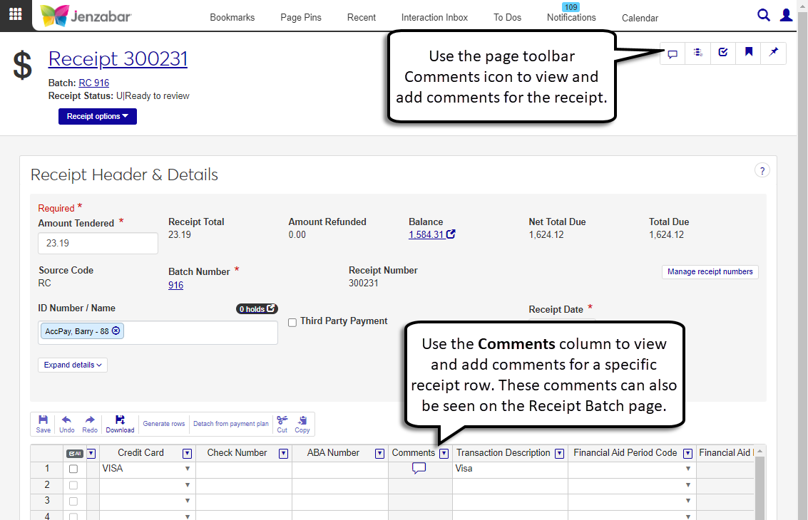 Receipt details page with commenting functionality highlighted.