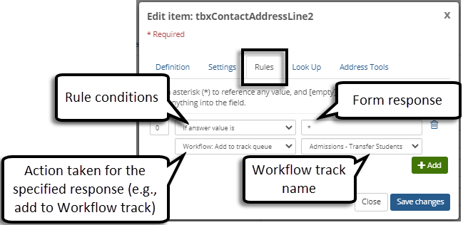 Question Properties, Rule tab with options selected to add the question to a Workflow track.