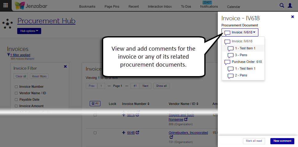 J1 Web Invoice List page, Comments pop-up.