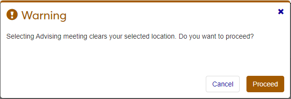 Warning pop-up about losing location information when changing a general meeting to an advising meeting.