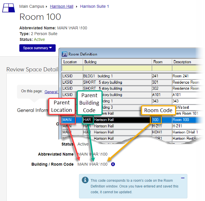 Building / Room Code mapping from J1 Desktop to J1 Web on the Space Review Space Details page.