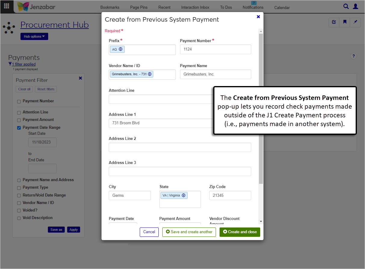 The Create from Previous System Payment pop-up.