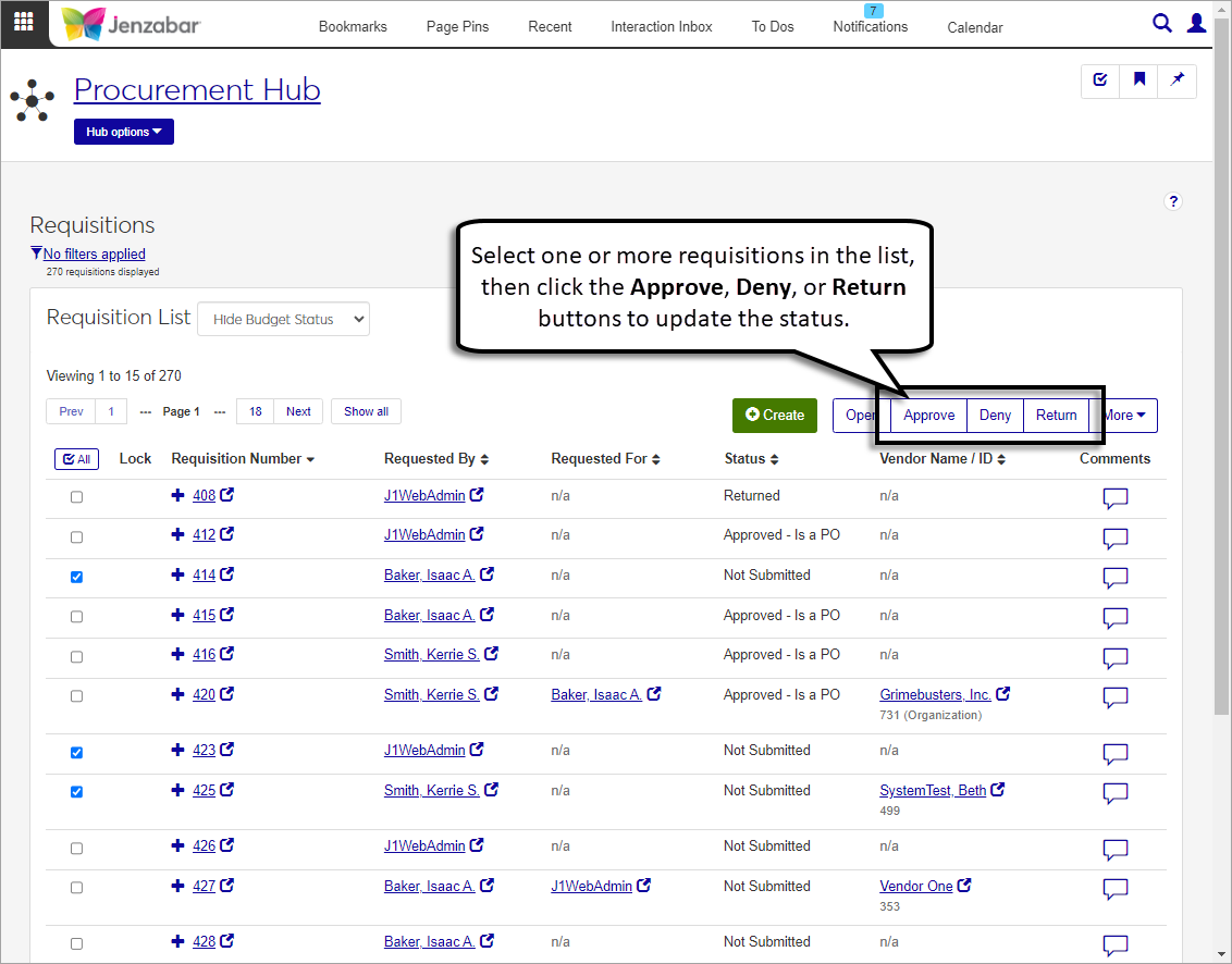 Requisition List page with the Approve, Deny, and Return buttons highlighted.