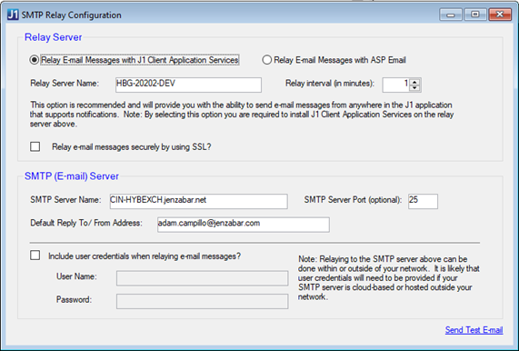 Desktop STMP Relay Configuration window.