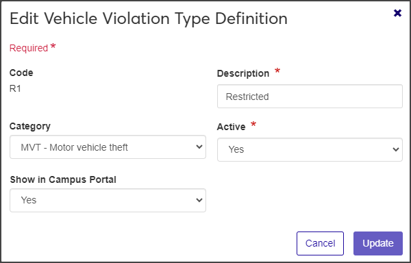 Edit Vehicle Violation Type Definition window