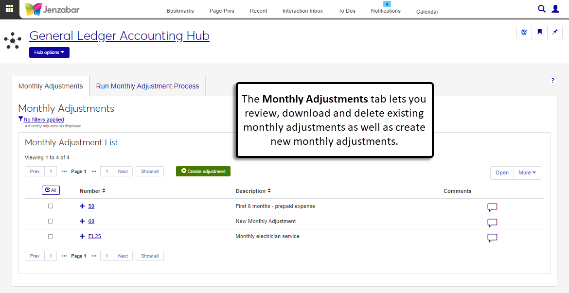 Monthly Adjustment tab with the list of monthly adjustments.