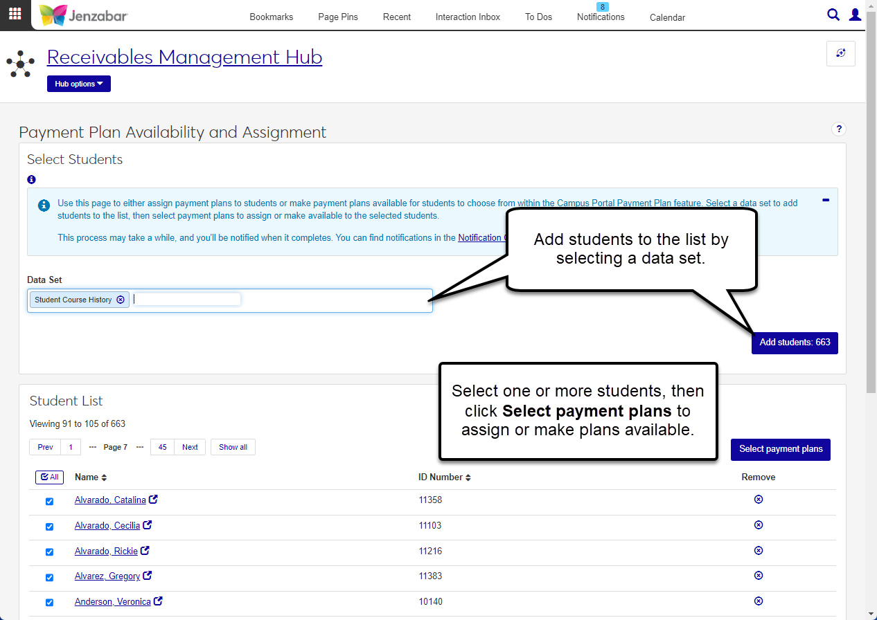 Payment Plan Availability and Assignment page with a data set selected to populate the student list.