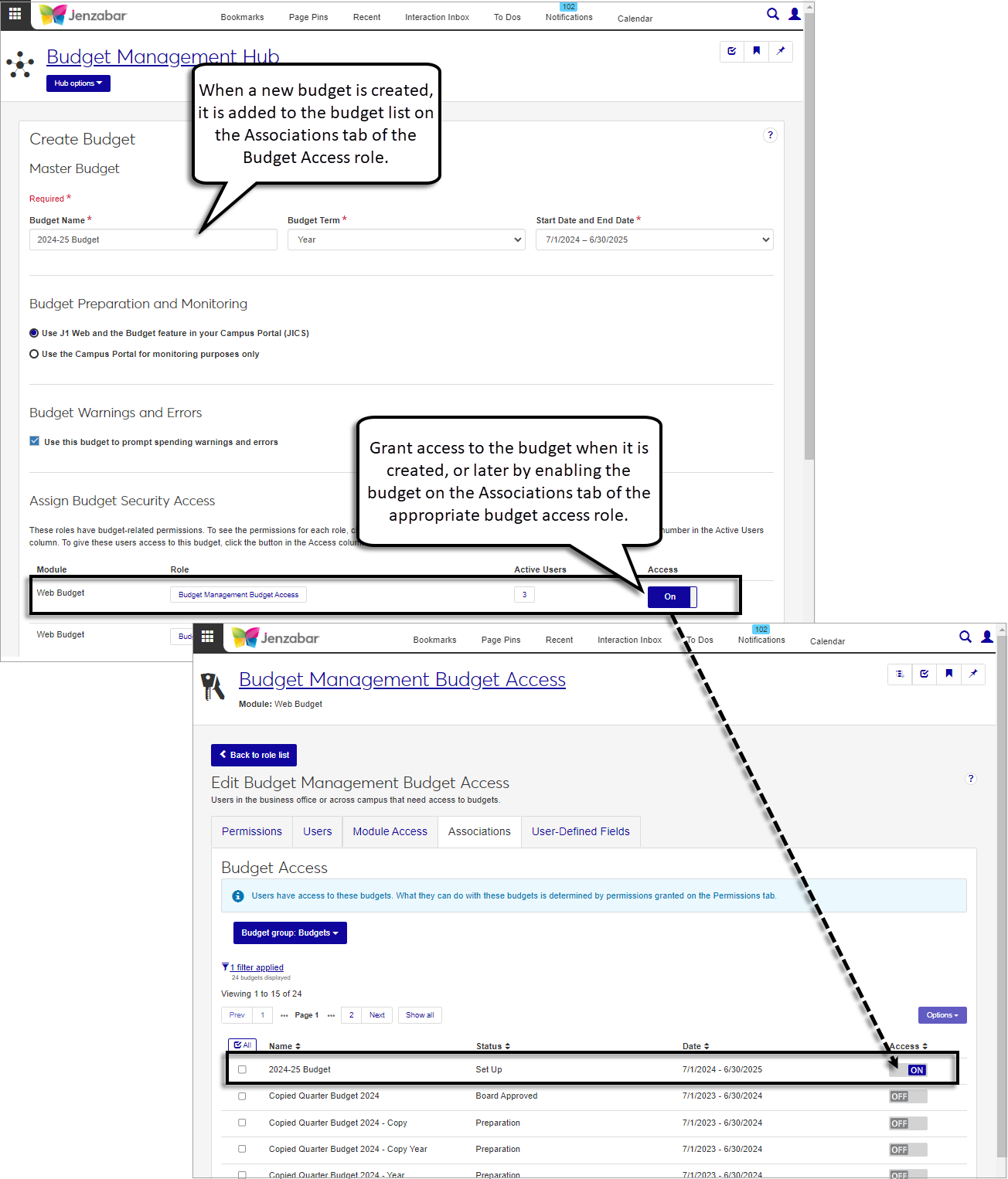 Create Budget page and Budget Access role page with a budget highlighted and access turned on.