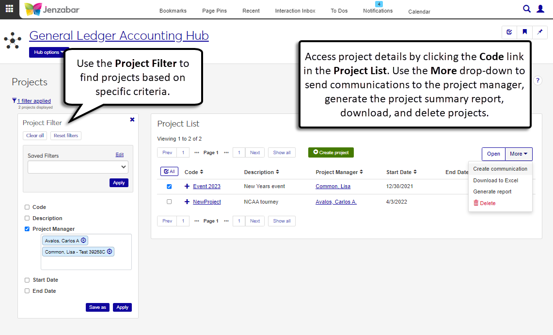 Project List page.
