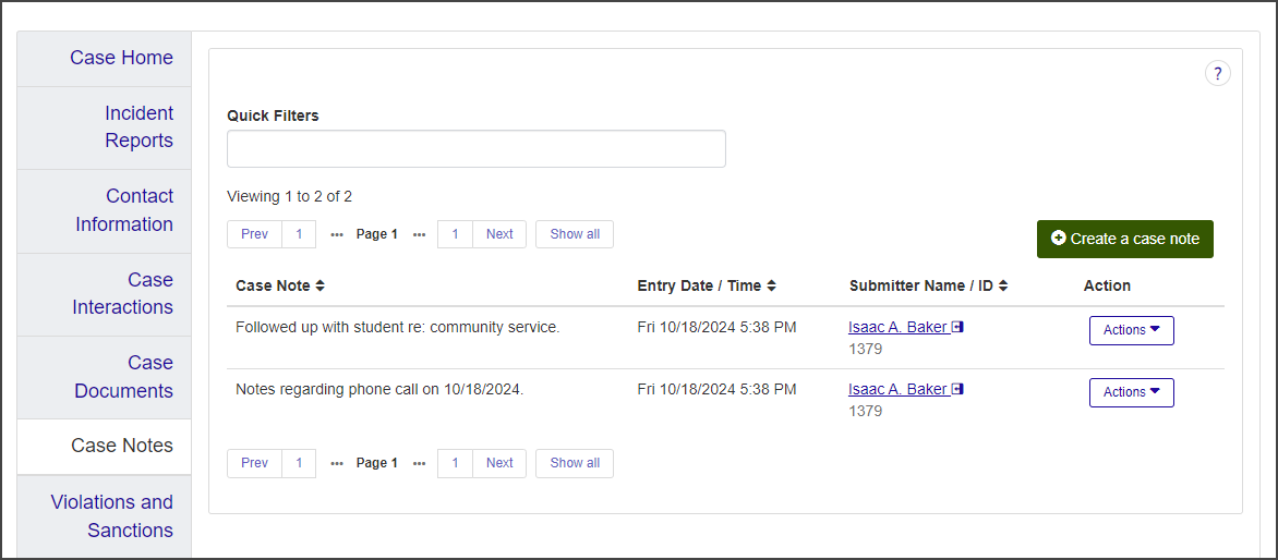 Case summary page - Case Notes tab