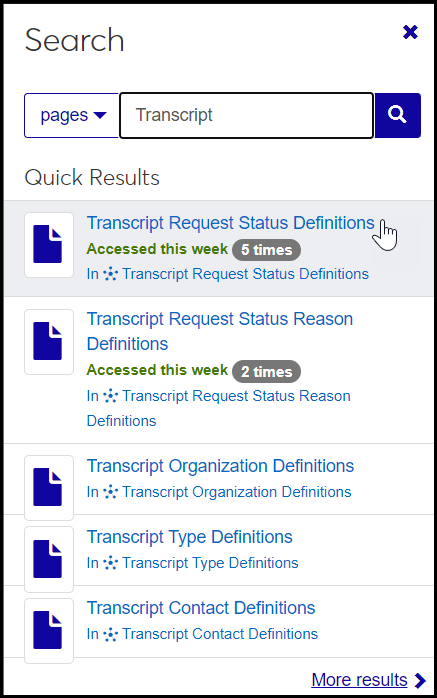 The Search field on the toolbar showing results for "Transcript", including the Transcript Request Status Definitions page