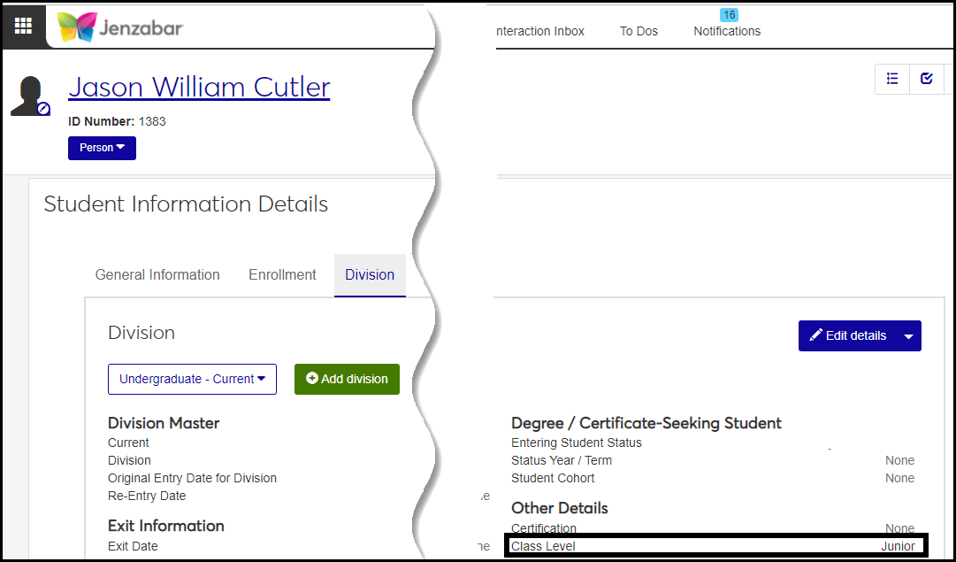 Classification in J1 Web on the Student Information page, Division tab