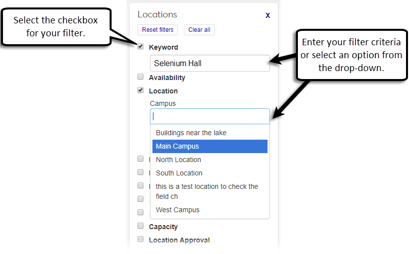 Locations filter block with explanations for typing and drop-down selection options.