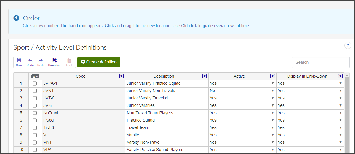 Sport / Activity Level Definitions page