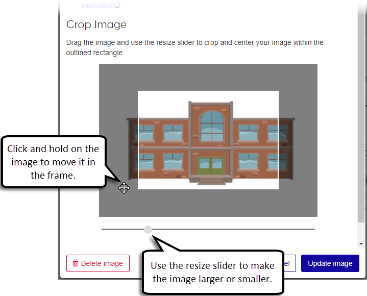 Update Image pop-up, Crop Image section.