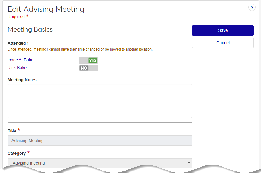 Edit Advising meeting page after an advising meeting has started. It includes sliders to mark attendance for the advisor and advisee.