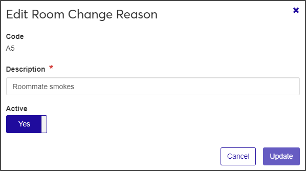 Edit Room Change Reason pop-up window