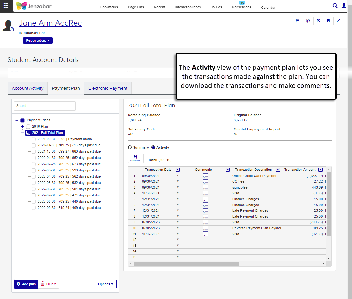 Student Account Details page, Payment Plan tab with the Activity view selected. Transaction information for the plan is displayed in a spreadsheet below balance information.