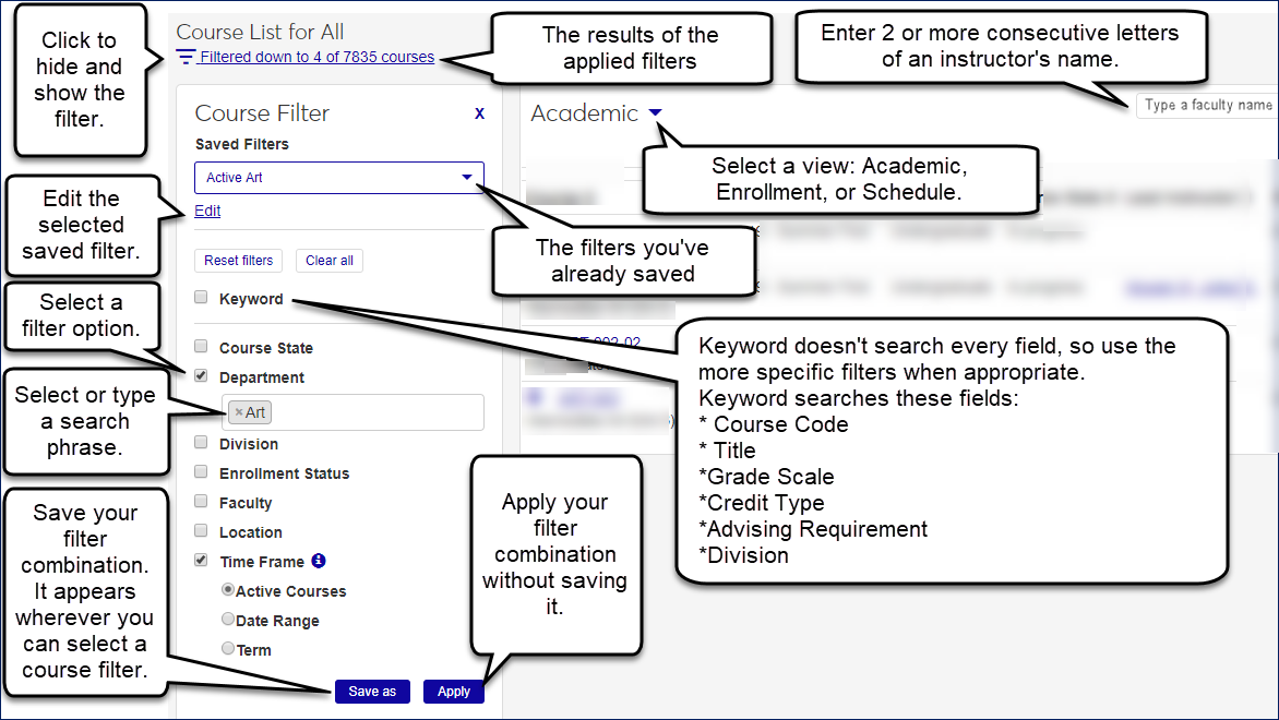 Course List Filter showing buttons and links