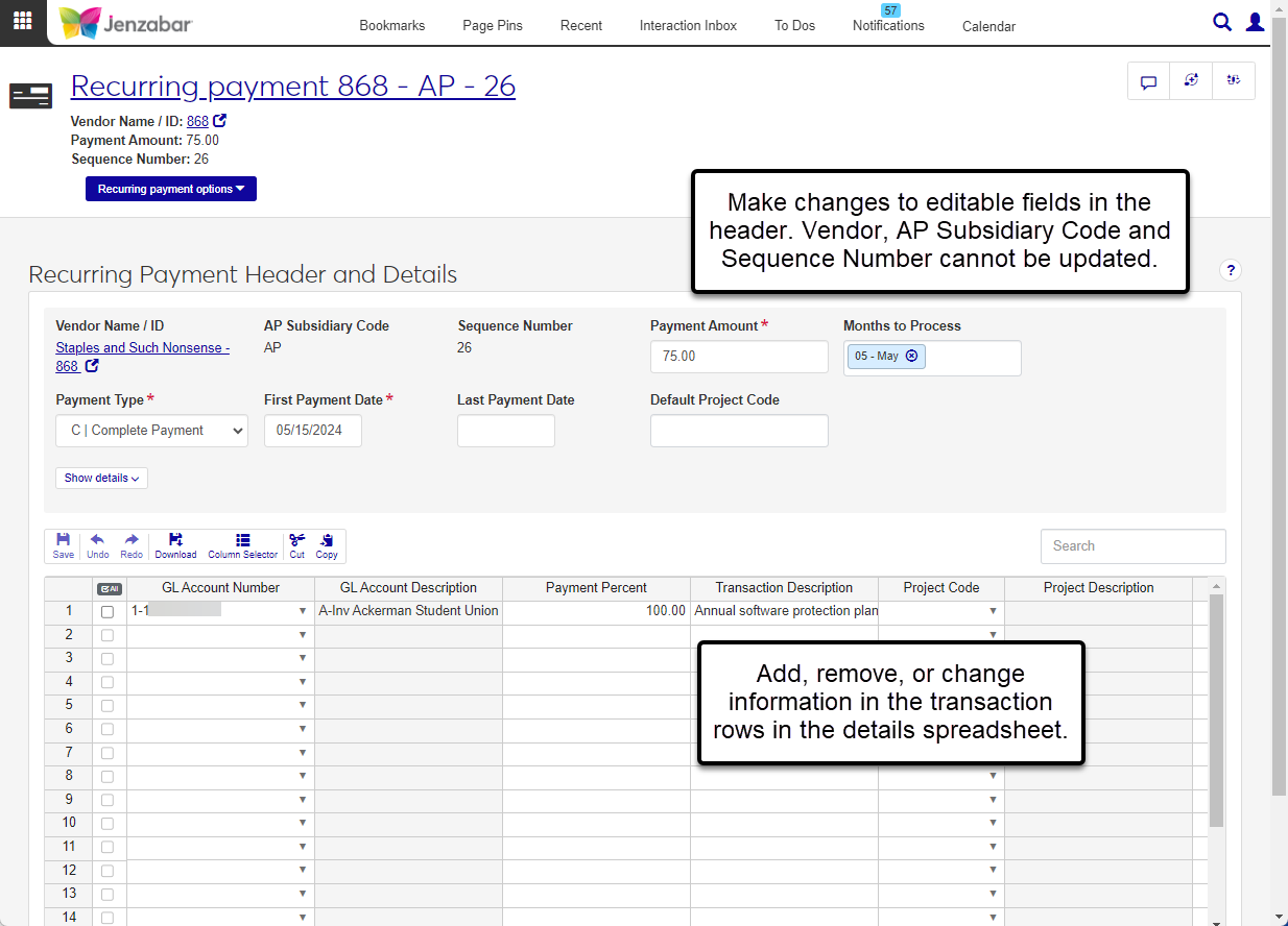 Recurring Payment Details page.