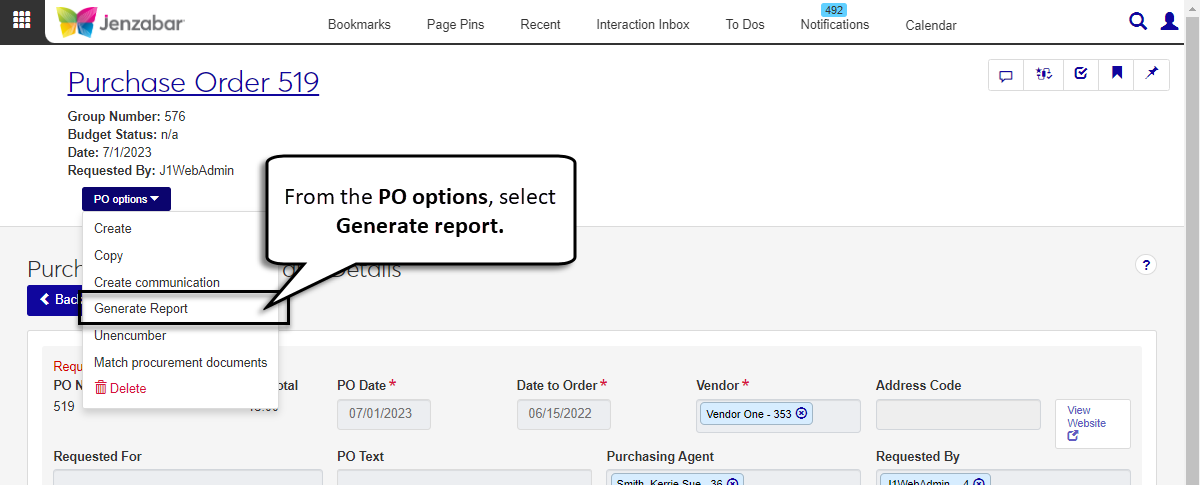 Purchase Order Header and Details page with the PO options drop-down expanded and the Generate report option highlighted.