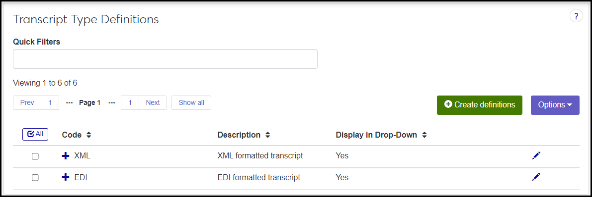 Transcript Type Definitions page showing an XML type definition and an EDI type definition