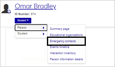 Student summary page - Emergency contacts selected from Student drop-down
