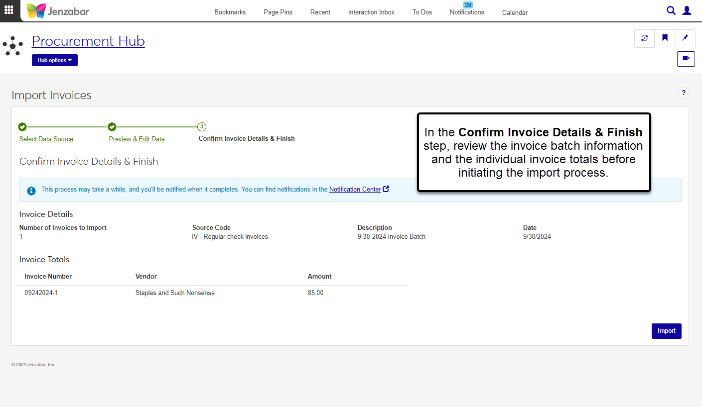 Step 3 of the import invoice process with invoice batch details and a summary of individual invoices to be imported.