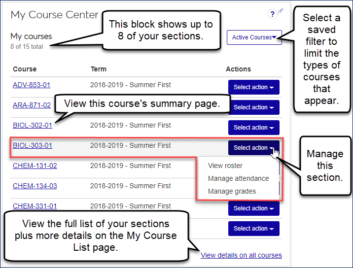 My Course Center block with callouts highlighting links and buttons