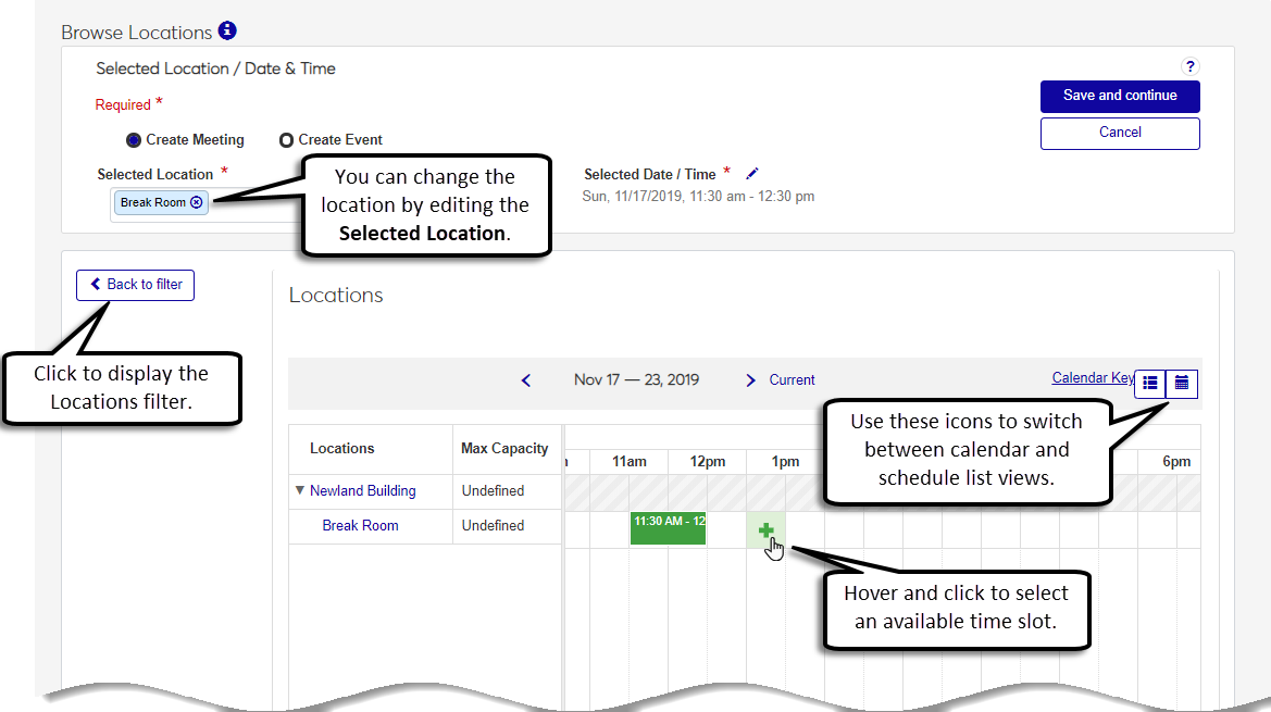 Browse Locations page with explanations for calendar and filter navigation.