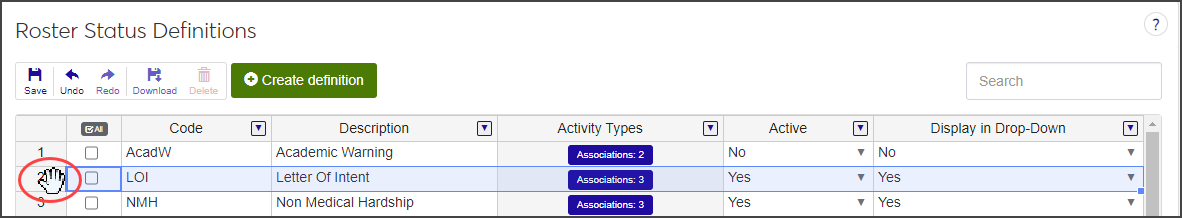 Roster Status Definitions page - hand icon over row number highlighted