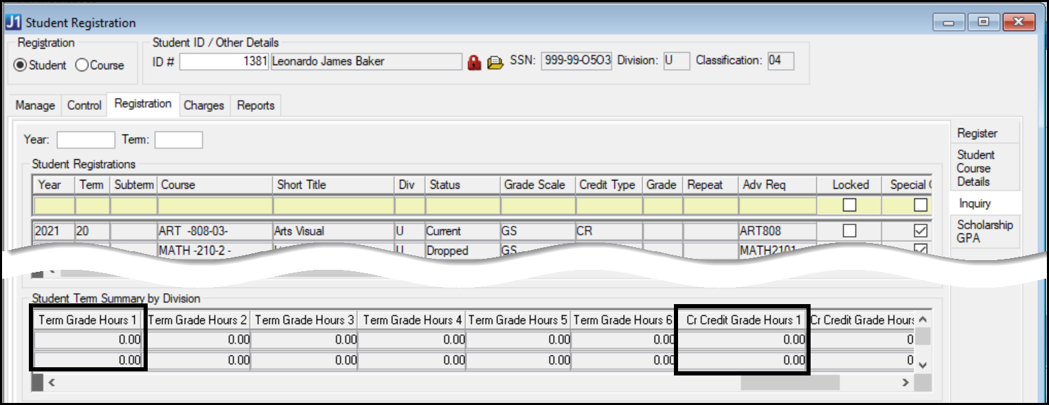 Student Registration window in J1 Desktop, Registration tab, Inquiry subtab showing Term Grade Hours 1 and Career Grade Hours 1. In our example, these are the columns showing a student's hours earned with an A grade (A, A+, or A-).